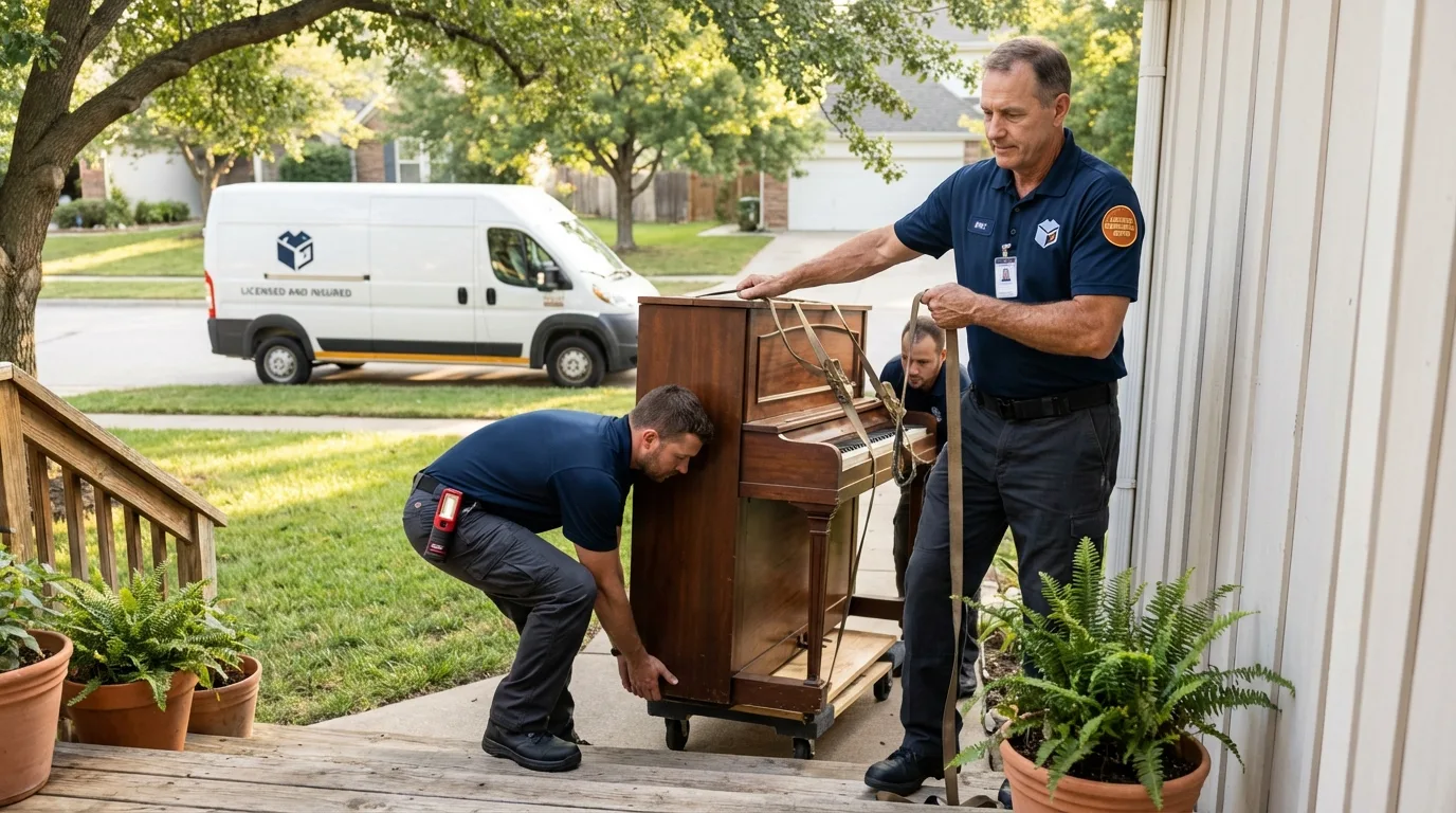 Licensed piano movers securing grand piano in Versailles, OH