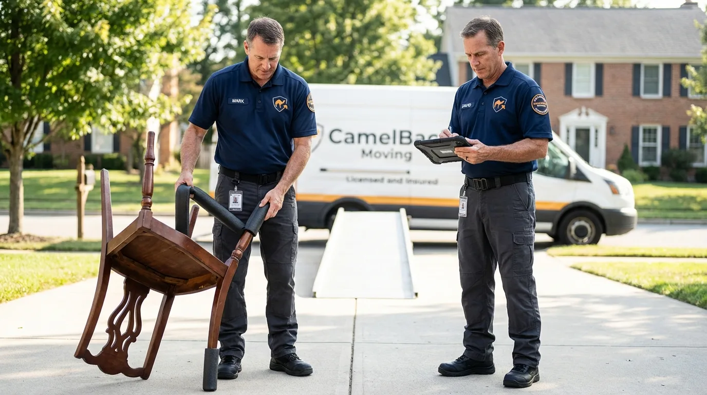 Movers inspecting furniture for damage prevention before loading in Versailles, OH