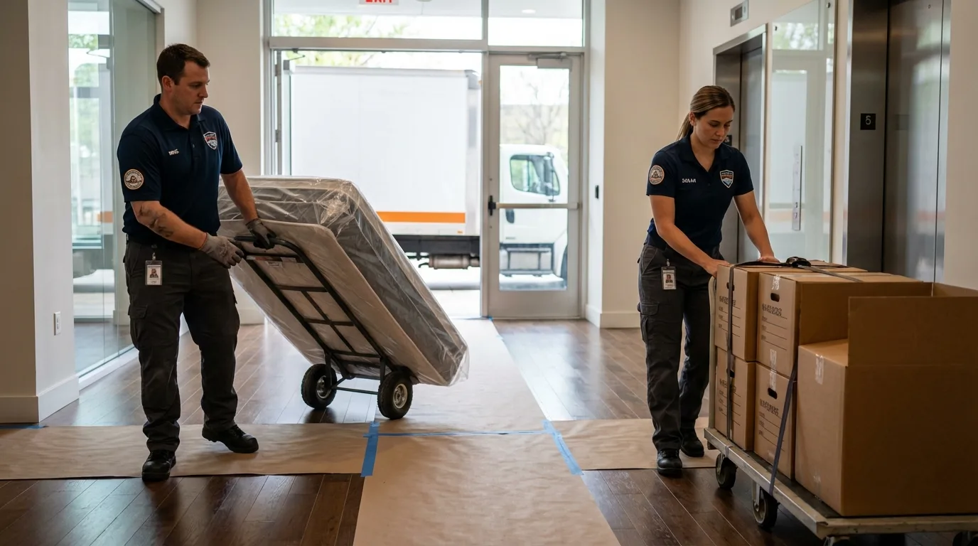 Professional apartment movers loading elevator in Versailles, OH