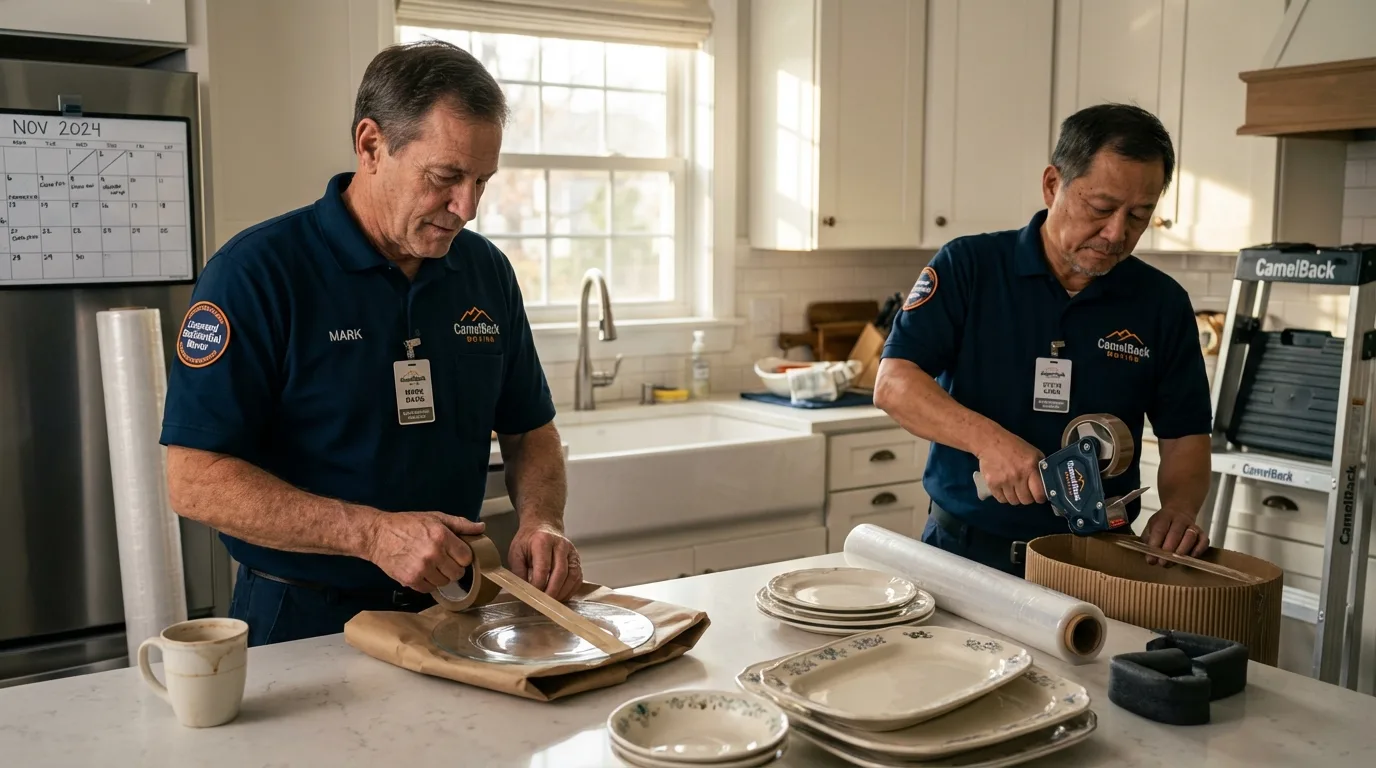 Professional crew packing kitchen dishware in Versailles, OH